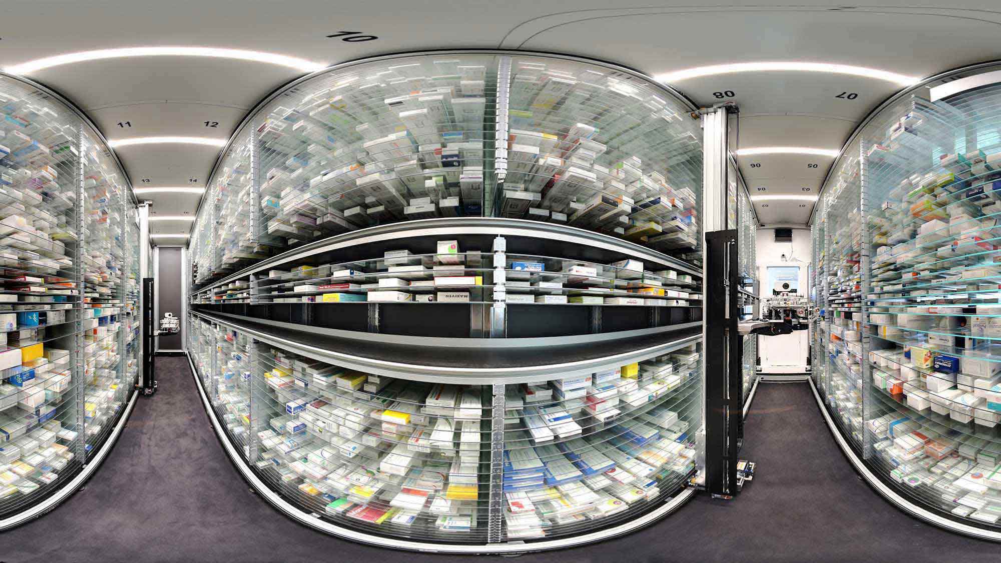 foto immersiva 360 gradi magazzino farmacia
